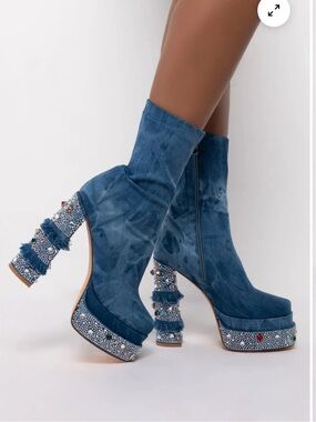 Azalea Wang Denim Diamond Muse Chunky Bootie In Denim Size 8